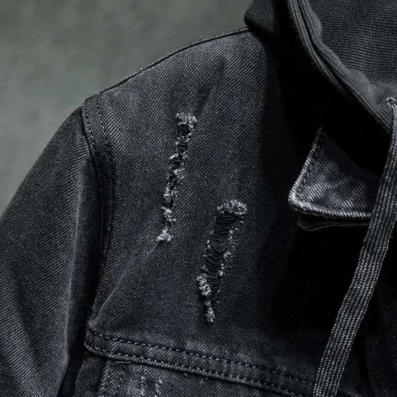 Liner Thicker Winter Black Hooded Denim Jacket