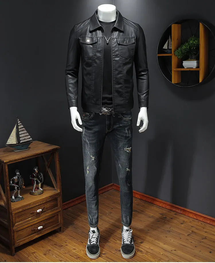 Men's lapel leather jacket
