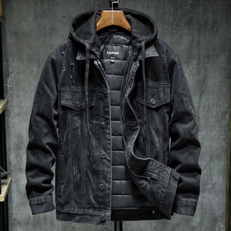 Liner Thicker Winter Black Hooded Denim Jacket