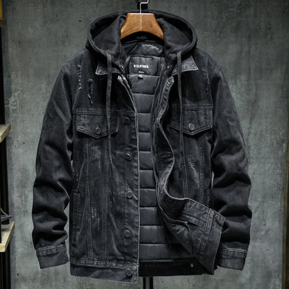 Liner Thicker Winter Black Hooded Denim Jacket