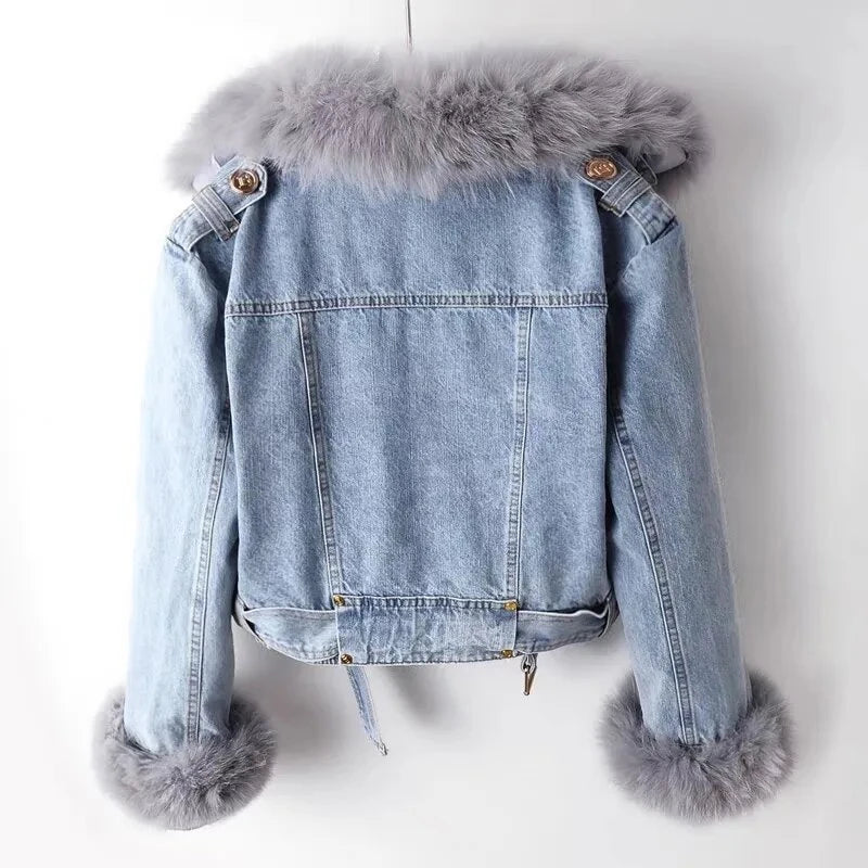 Overcoat Faux Fox Fur Collar Denim Jacket