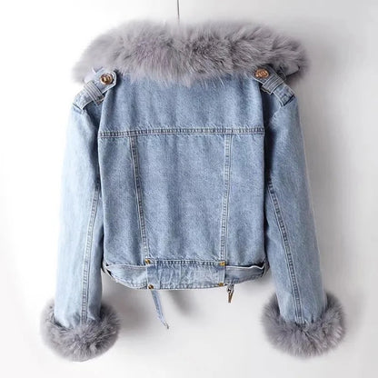 Overcoat Faux Fox Fur Collar Denim Jacket