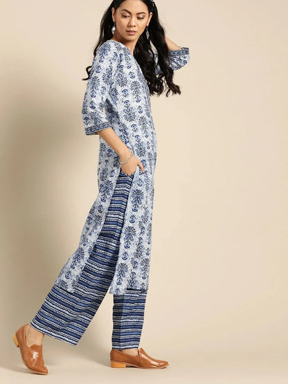 lue Cotton Printed 2-Piece Suit