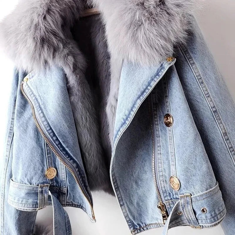 Overcoat Faux Fox Fur Collar Denim Jacket