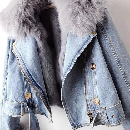 Overcoat Faux Fox Fur Collar Denim Jacket