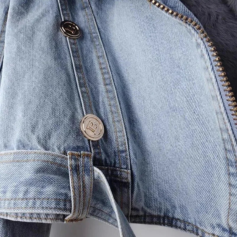 Overcoat Faux Fox Fur Collar Denim Jacket