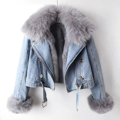 Overcoat Faux Fox Fur Collar Denim Jacket